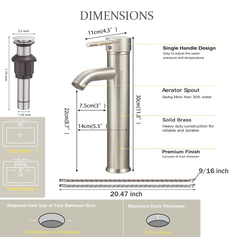 Green Spring Greenspring Brushed Nickel Bathroom Faucets, Vessel Sink Faucet One Hole Single Handle Modern Lavatory Commercial Bath Vanity Bowl Faucets Tall Body with Pop Up Drain and Supply Line, Brass - Image 2